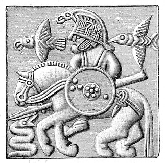 Odin loával, a két hollóval és kígyóval ábrázolva